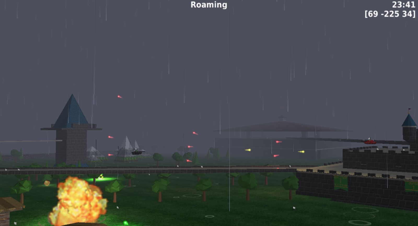 Tanks trading fire across a rainy field beside the castle walls