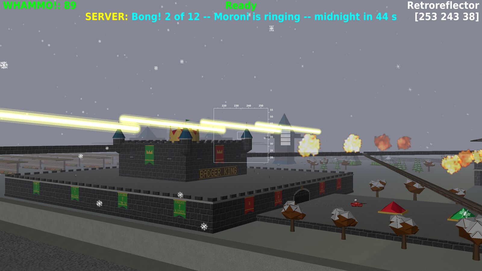Cannonballs streak over the snowy castle and burst beyond it during a real game