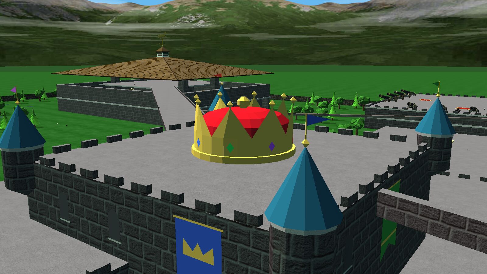 The giant gold crown with red and green jewels on top of the keep
