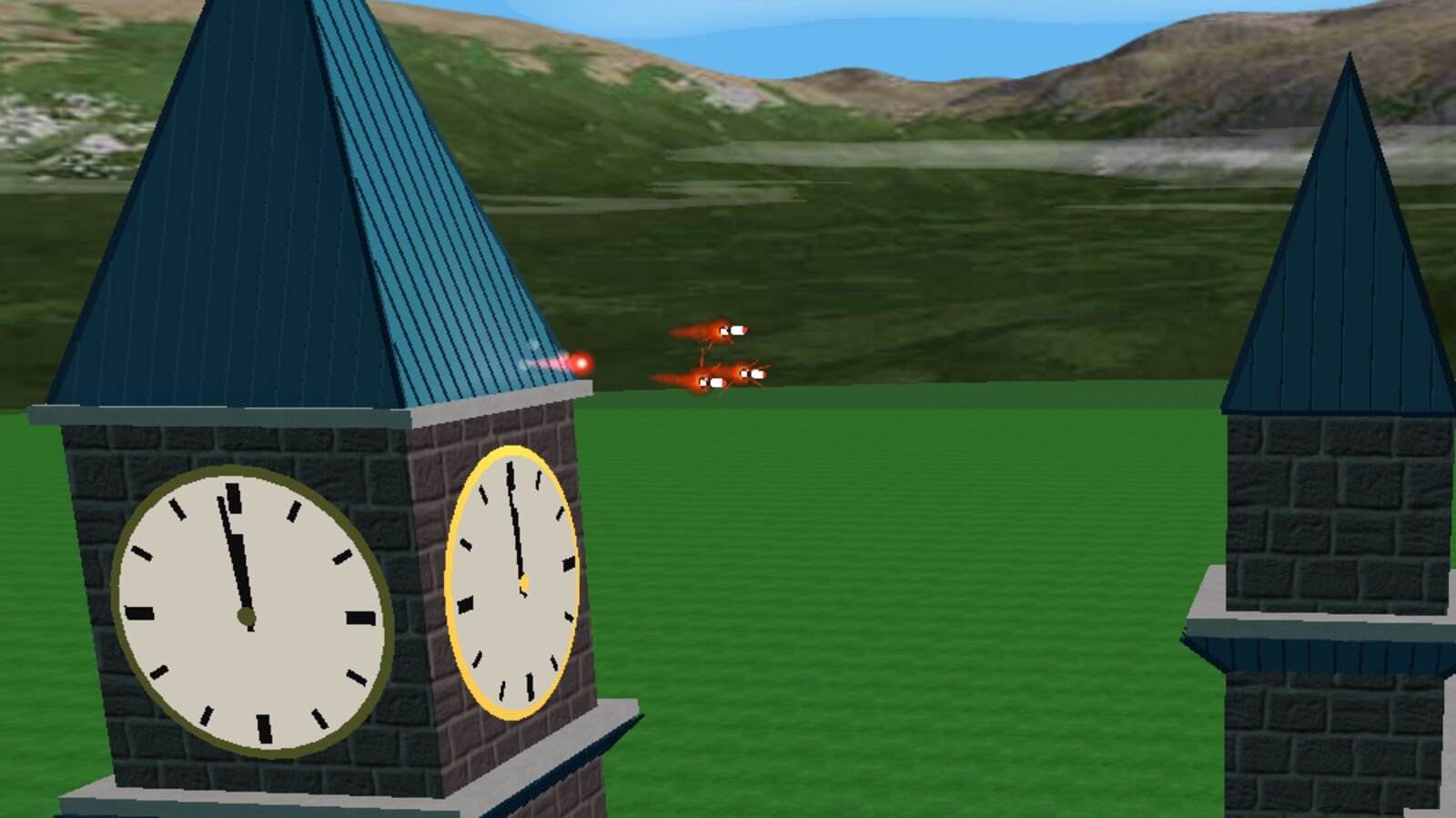 Three fiery missiles streak from the clock tower spire