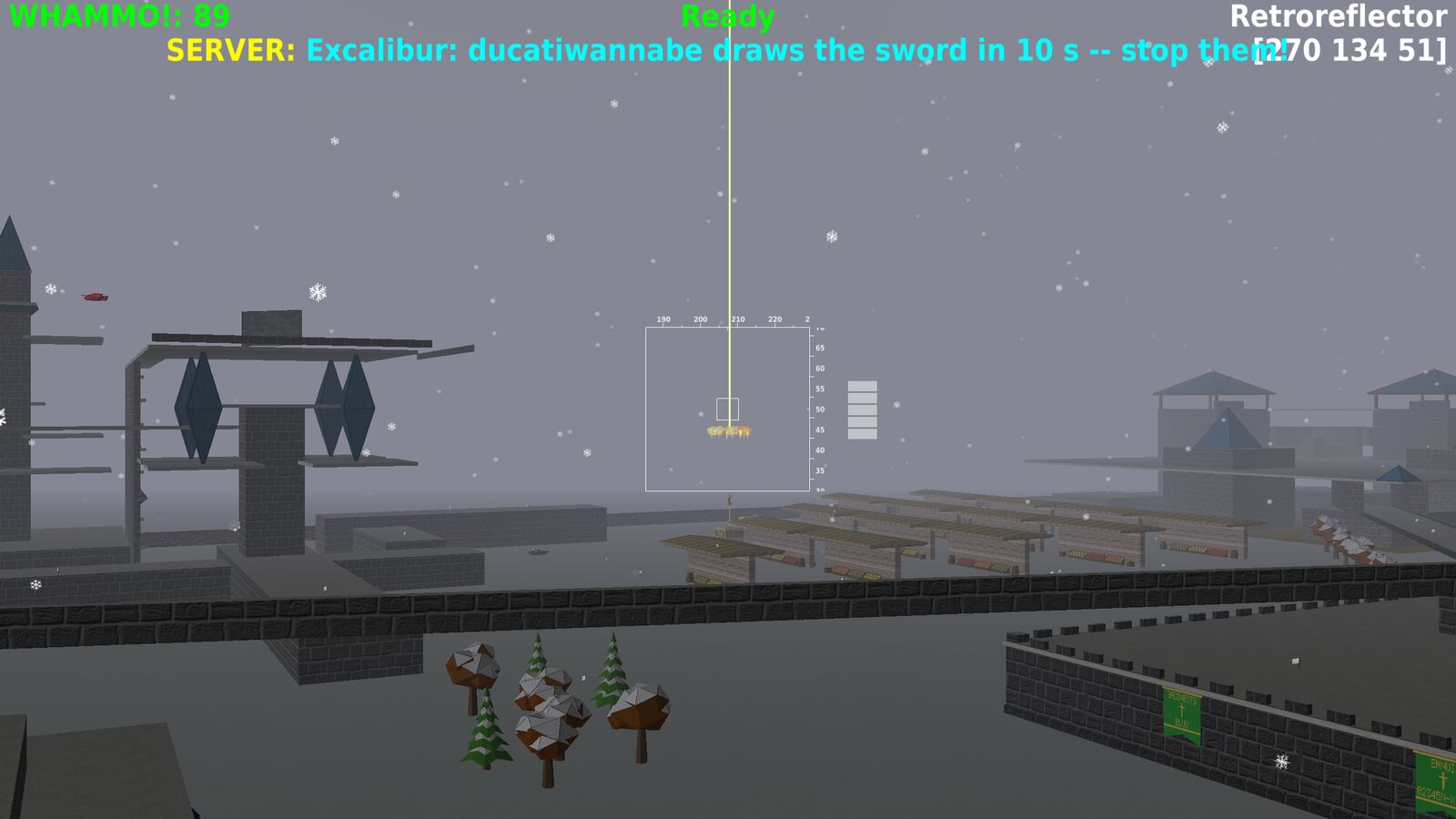 Excalibur's golden beam of light rises into a snowy sky during a real game