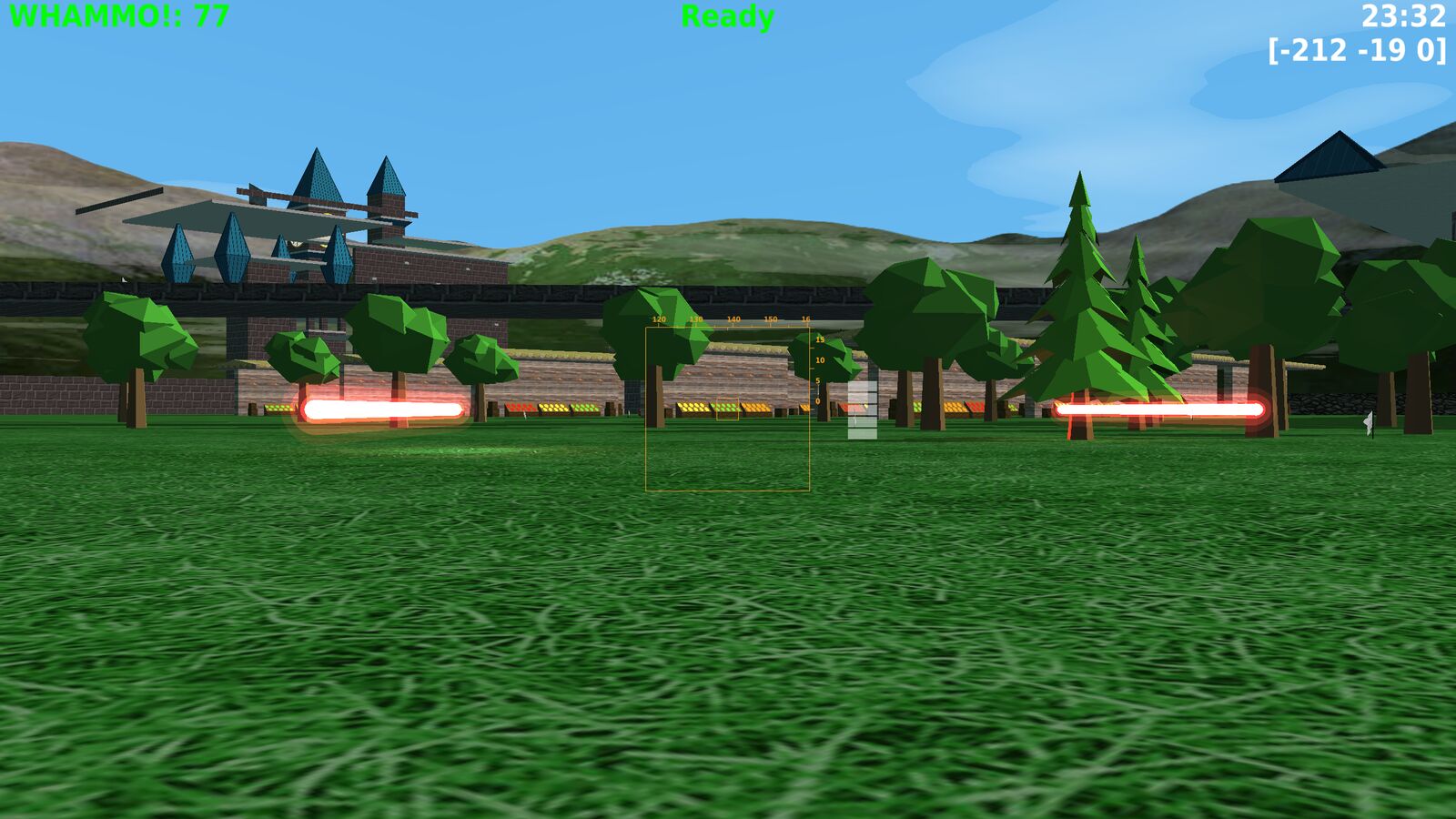 Two red Crown's Pyre lasers cross the field