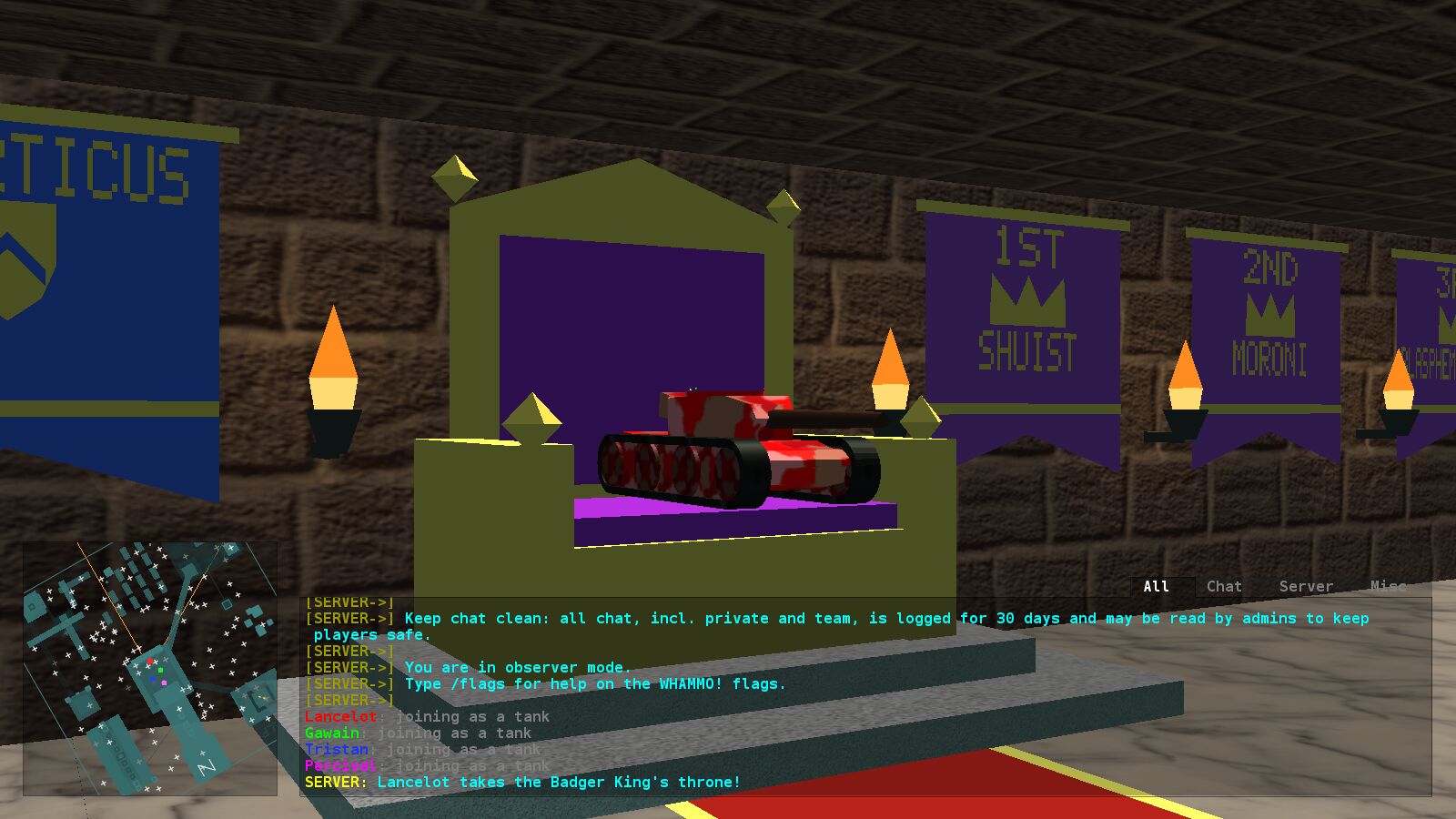 A red tank sits on the golden throne in the torch-lit throne room, under the banners of the Court