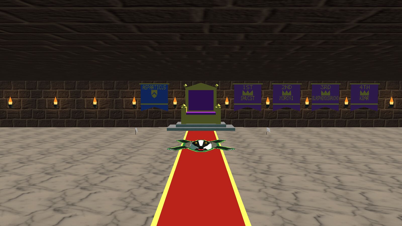 The throne room, with the banners of the Court hanging behind the throne