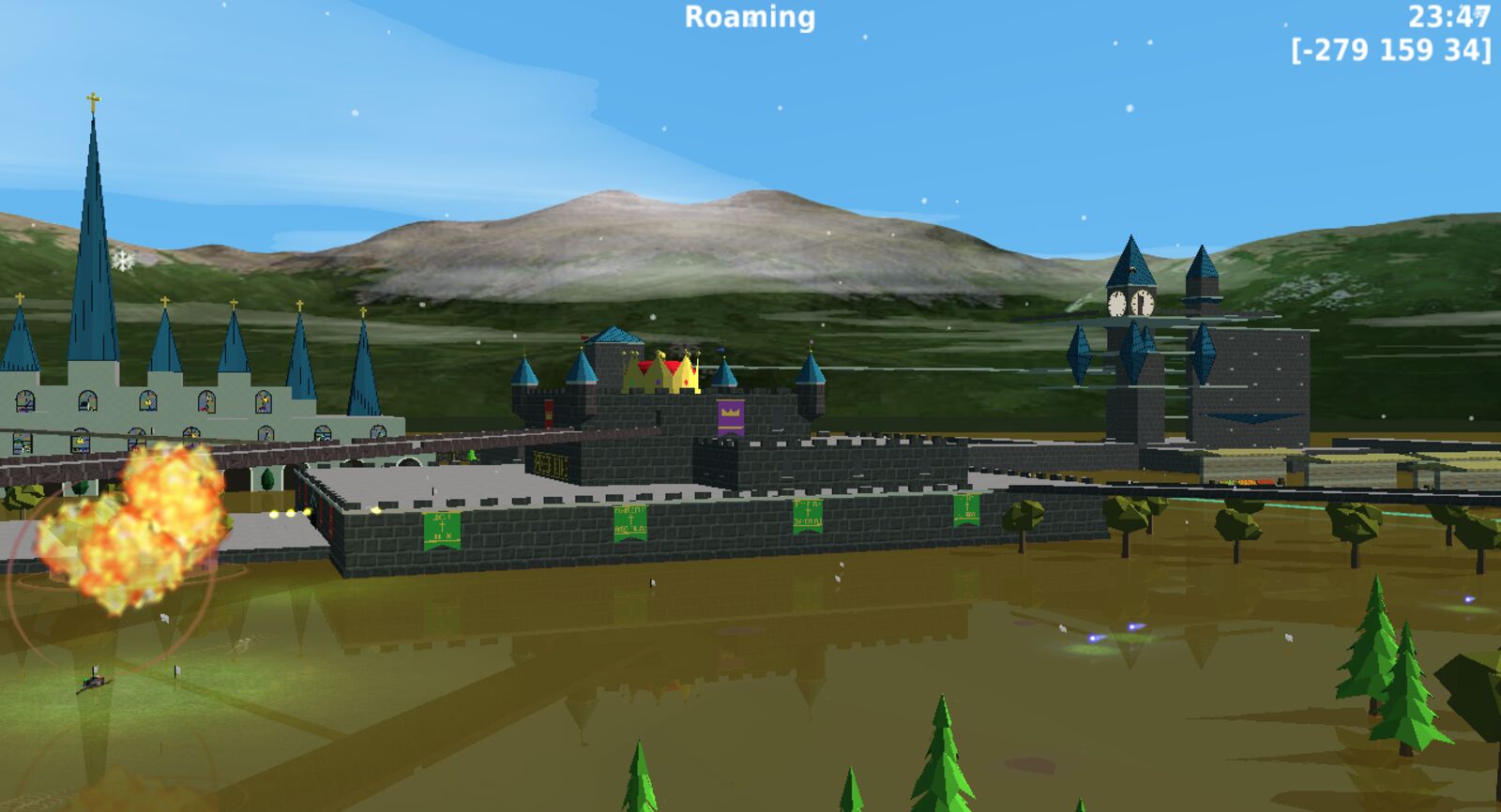 The castle reflected in a muddy flooded field after a storm, with a battle going on